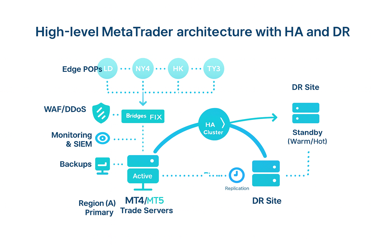 High‑level MetaTrader architecture with HA and DR