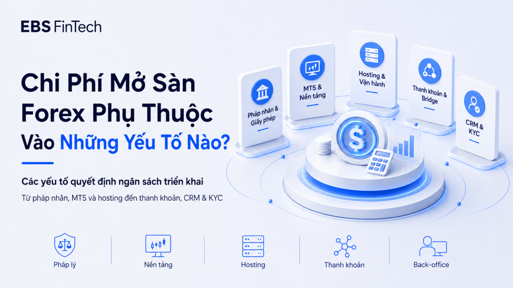 Sơ đồ các nhóm chi phí khi mở sàn forex: pháp nhân, nền tảng, hosting, thanh khoản và back-office
