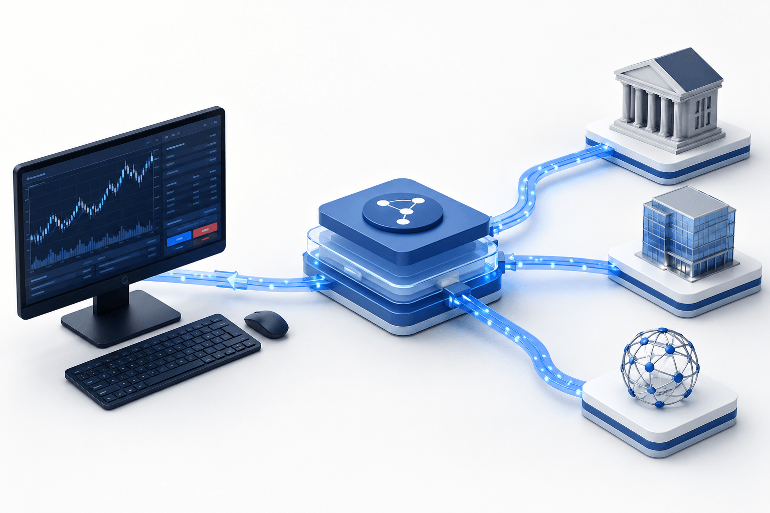 Broker platform connected to external liquidity and aggregation infrastructure