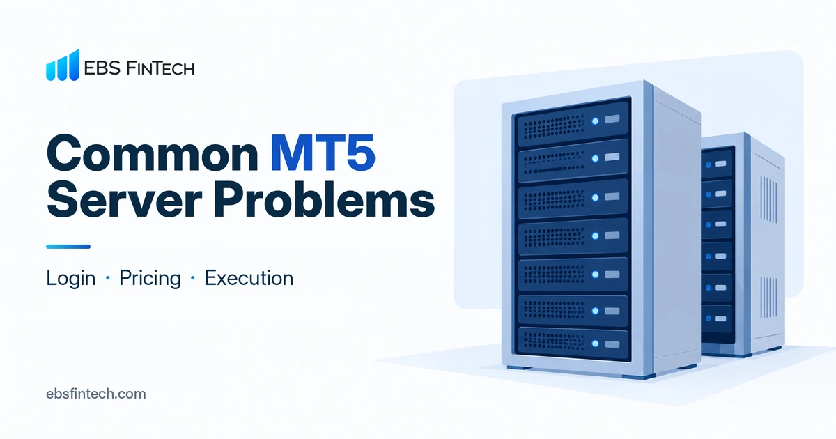 Common MT5 server problems guide by EBS FinTech, with server rack illustration