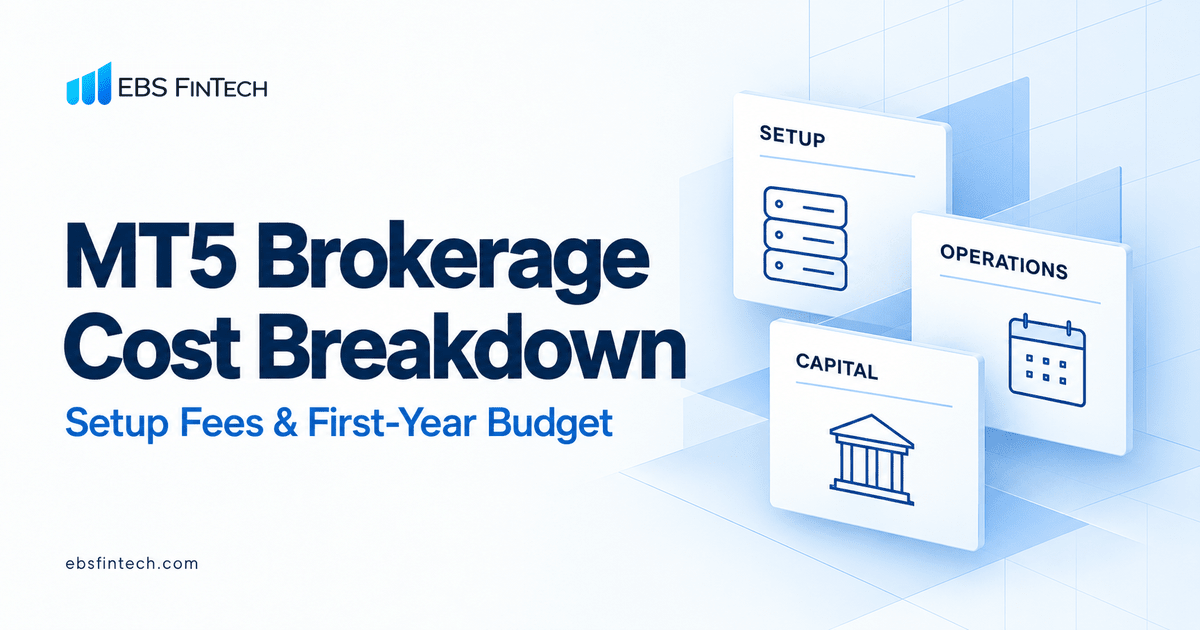 MT5 brokerage cost breakdown covering setup fees, operations and capital for a first-year budget